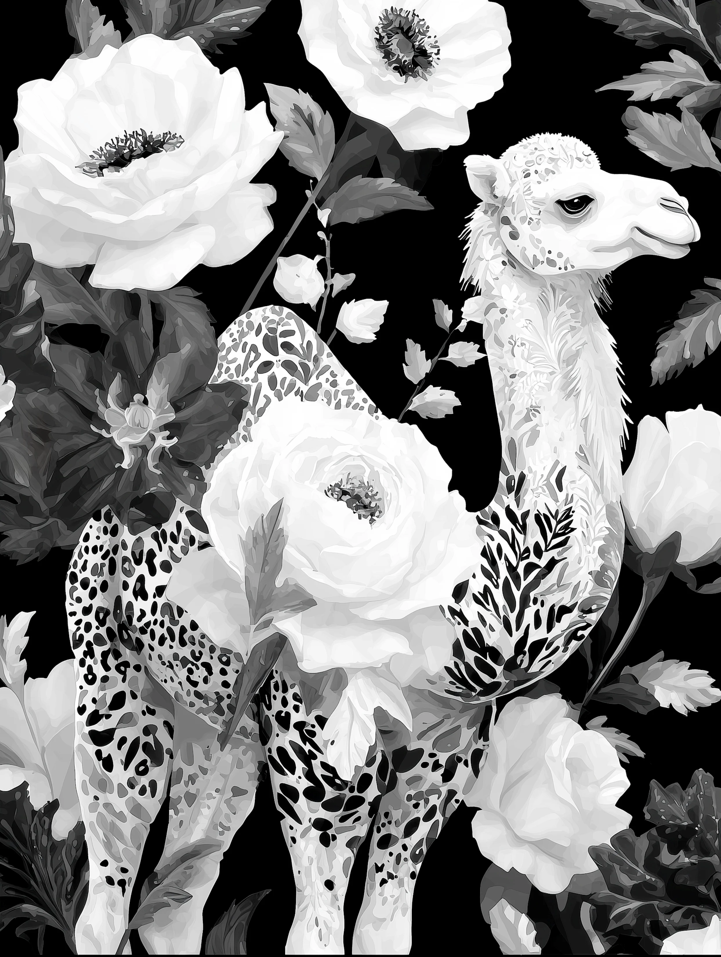 Free printable camel coloring page for adults featuring white flowers camel